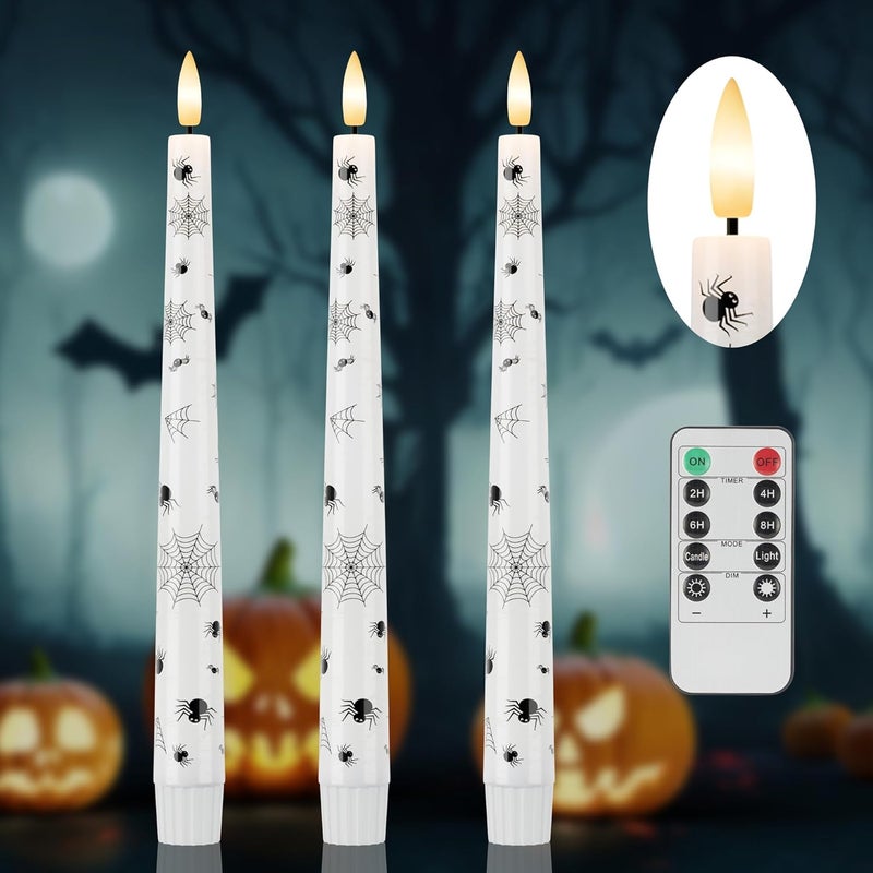 AFINETH Halloween Candles with Spider Web, Spider, 9.6”Real Wax Flameless Taper Candles with Remote & Timer, 3 Pack Battery Operated Halloween Led Candlesticks for Party Home Decor - Image 1